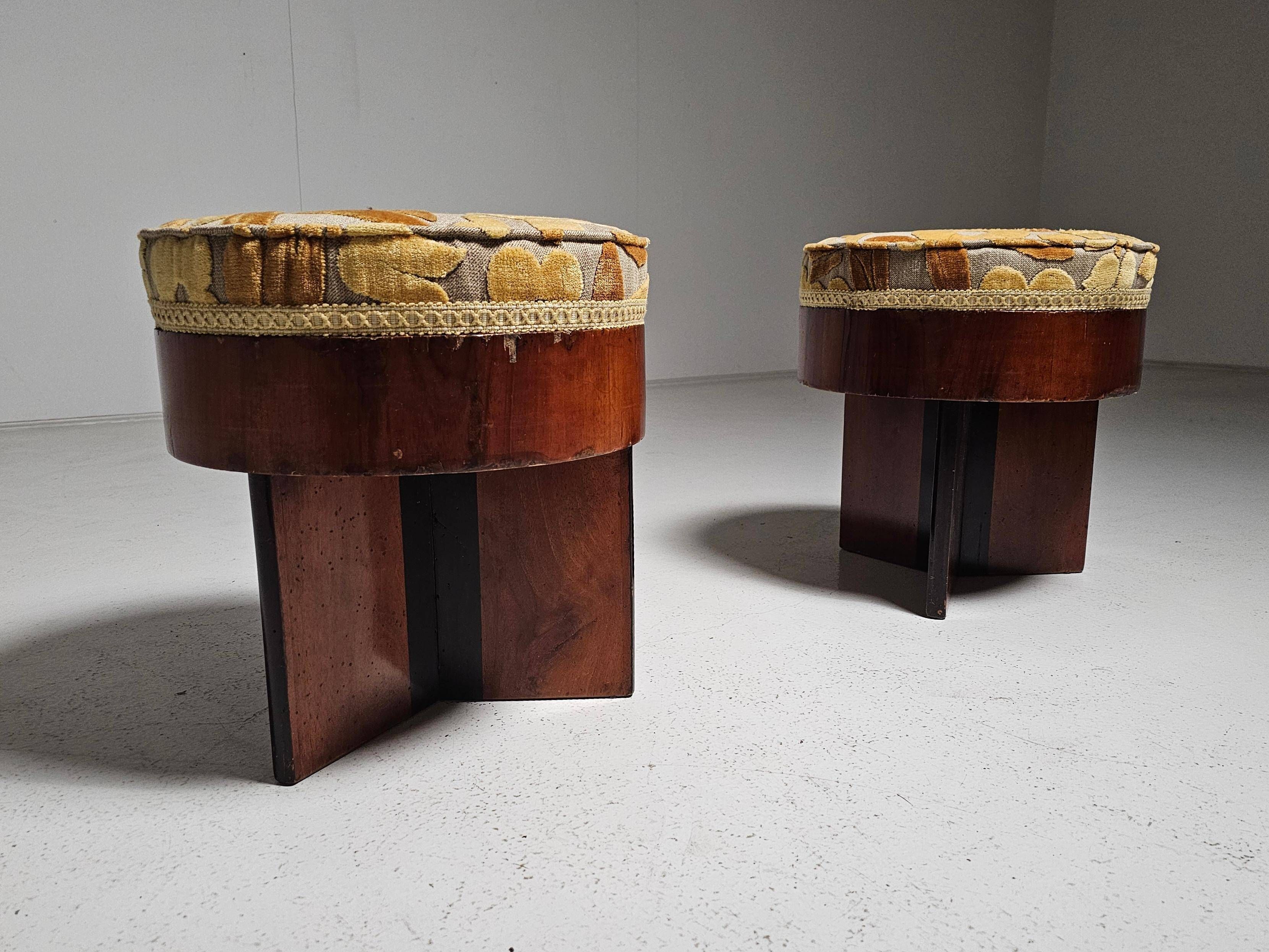 Art Deco stools in walnut and floral printed fabric, Italy.