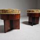 Art Deco stools in walnut and floral printed fabric, Italy.