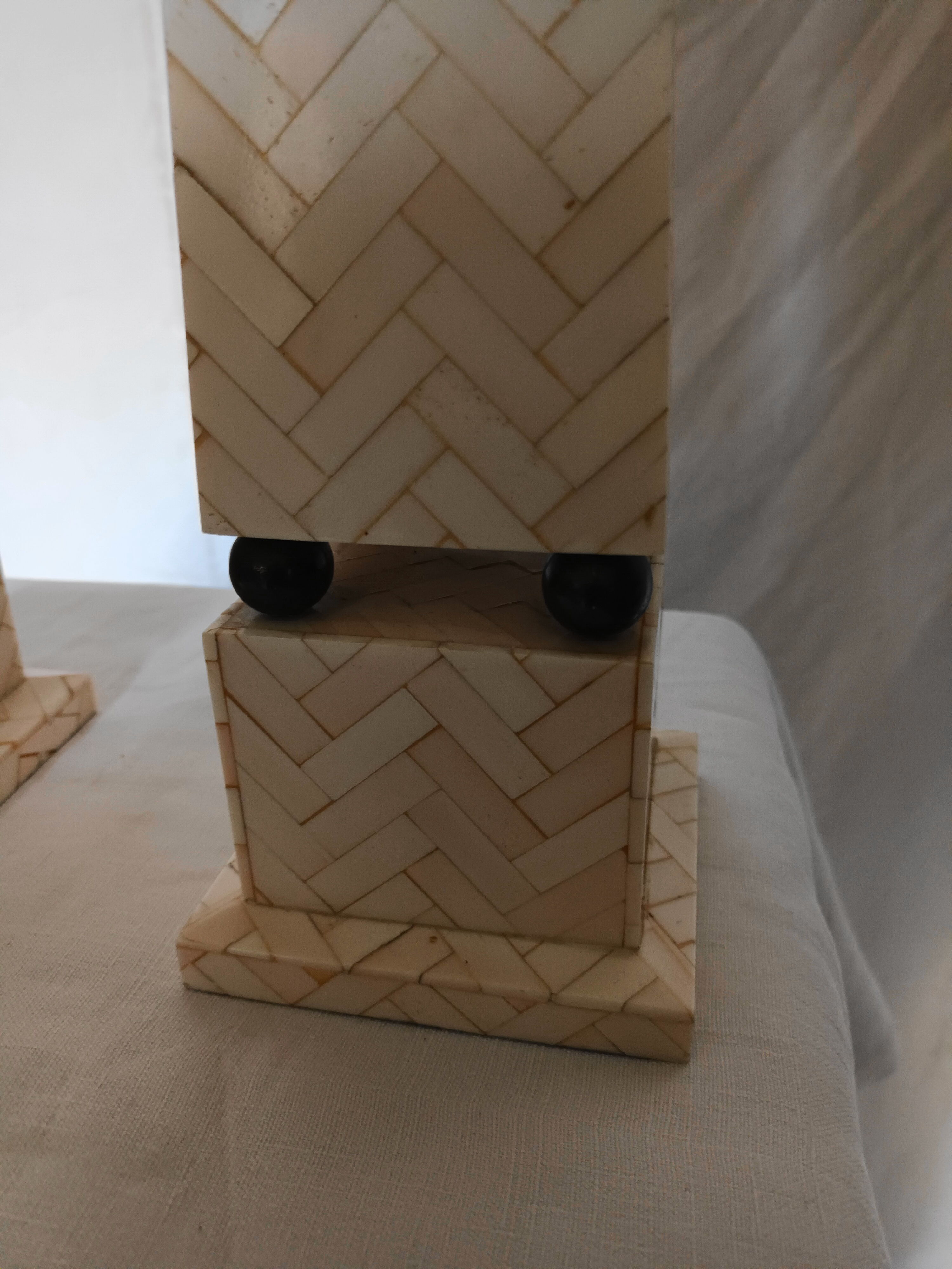 Pair of obelisk in bone marquetry, 70s