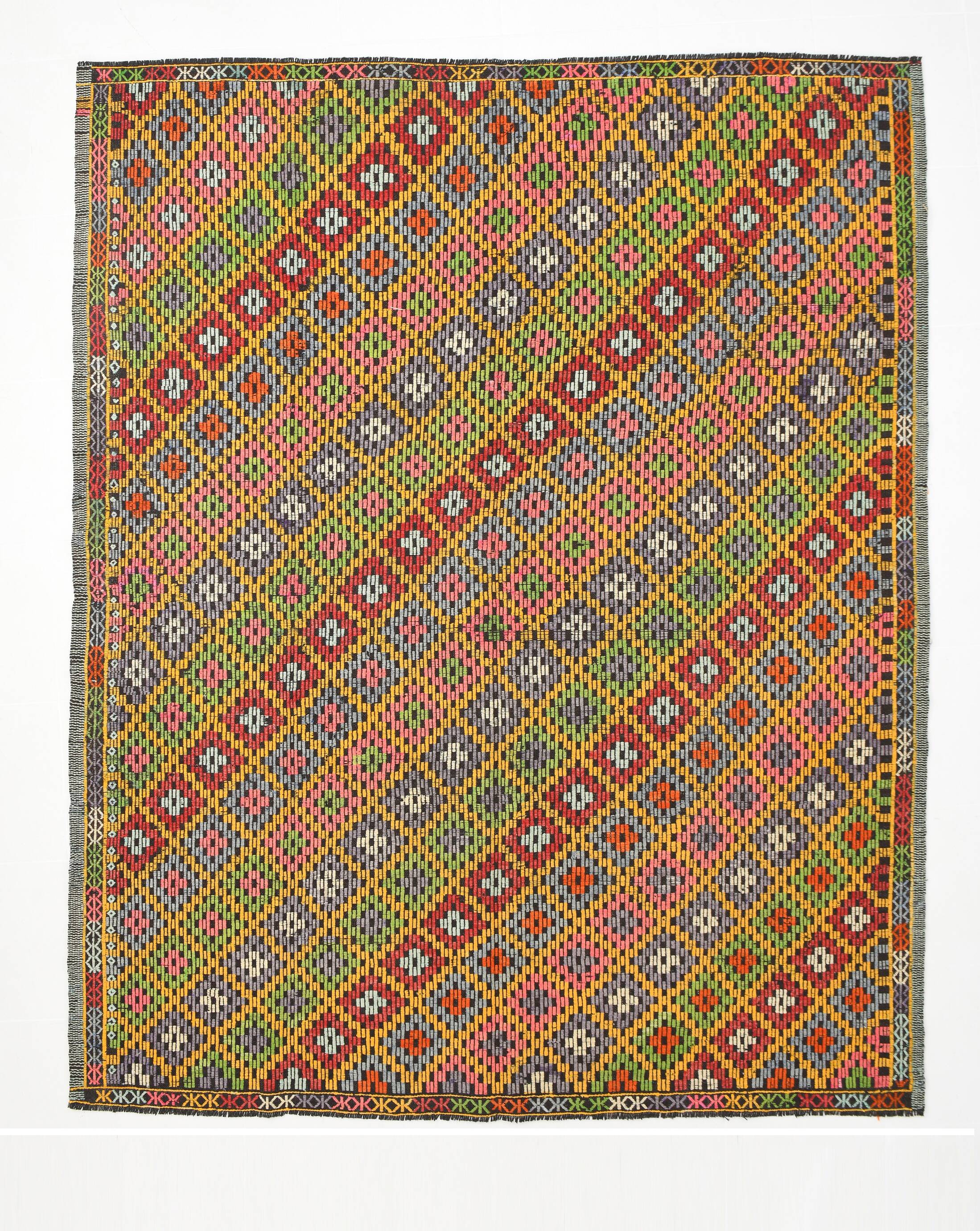 7x9 Yellow Green Handmade Wool Scandinavian Kilim Rug