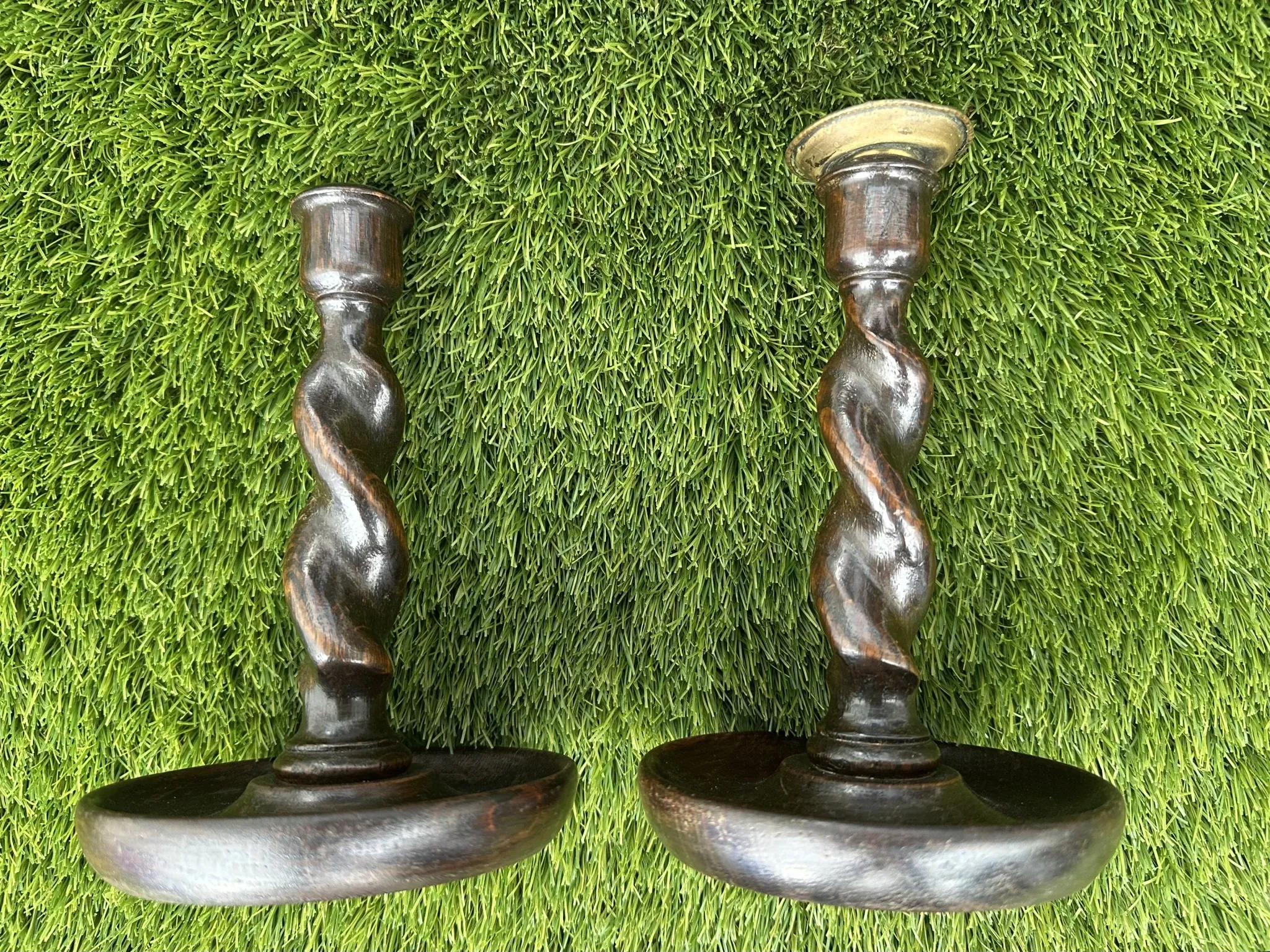 Pair of English oak Barley Twist candlesticks
