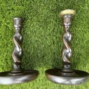 Pair of English oak Barley Twist candlesticks