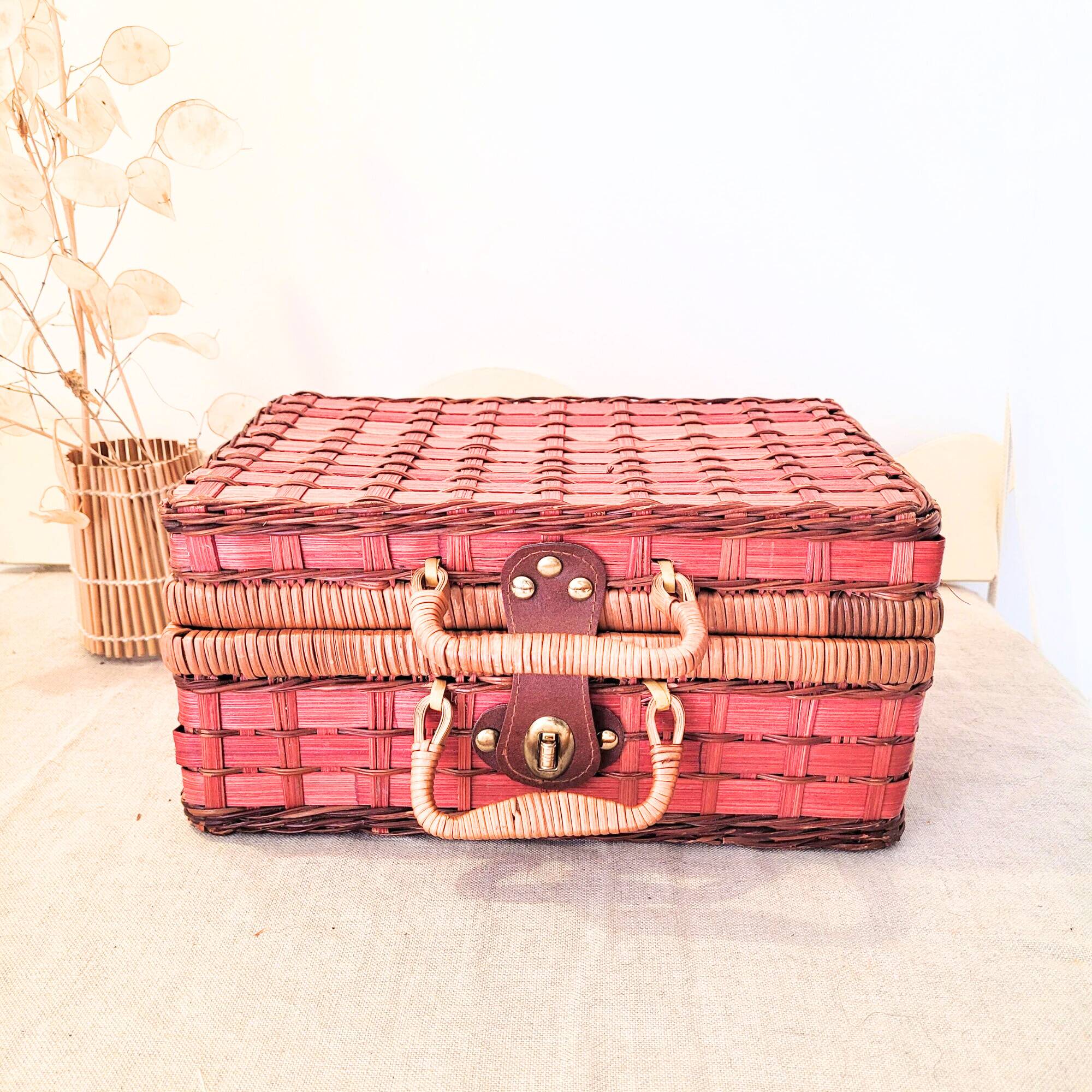 Vintage red woven wicker briefcase with leather buckle - rattan