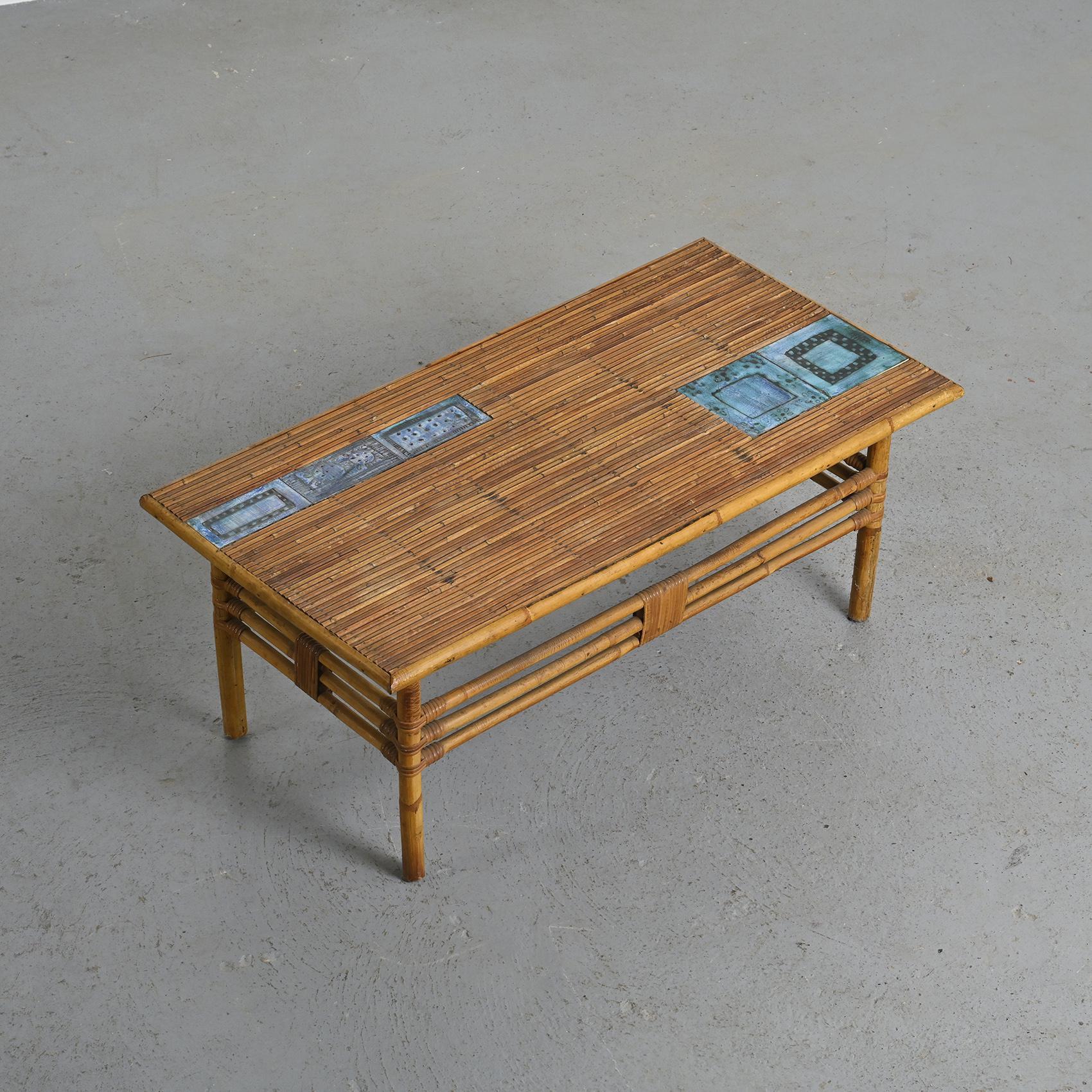 Coffee table with blue ceramic tiles by Robert and Jean Cloutier