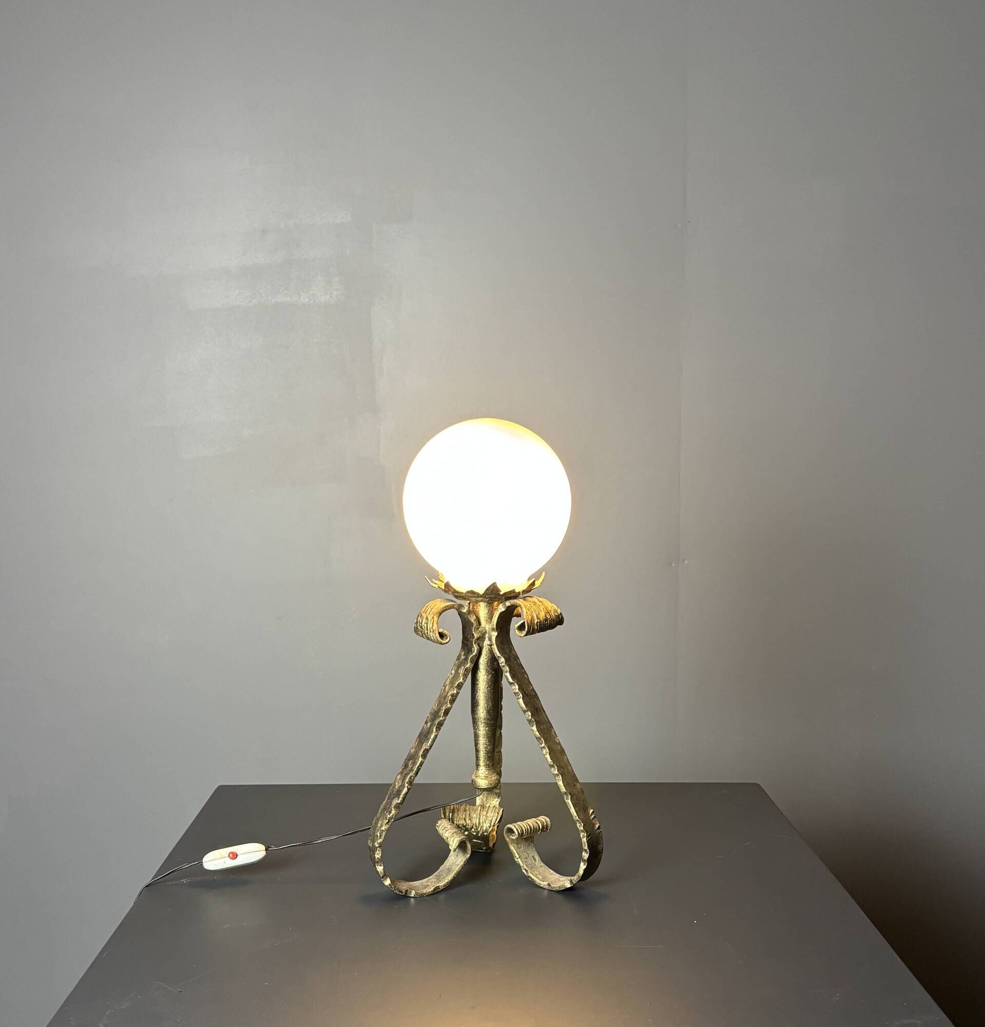 Midcentury brutalist wrought iron and opaline table lamp, Spain ca 1960s