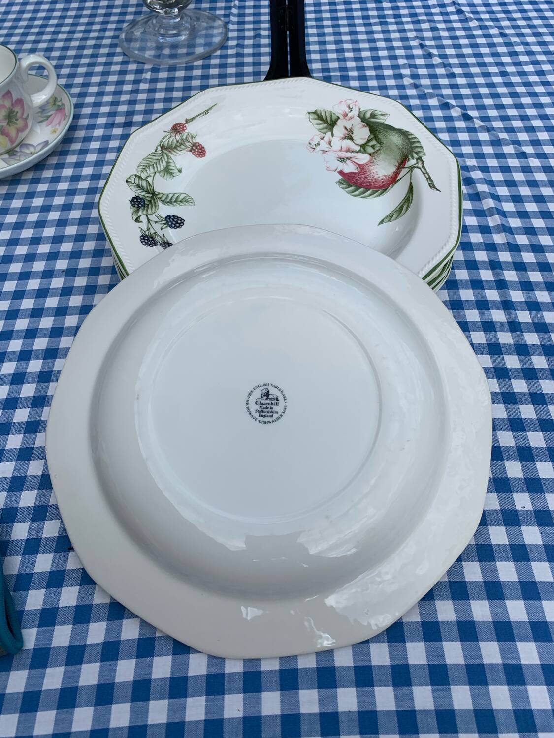 Six vintage flat English plates by Churchill Staffordshire.