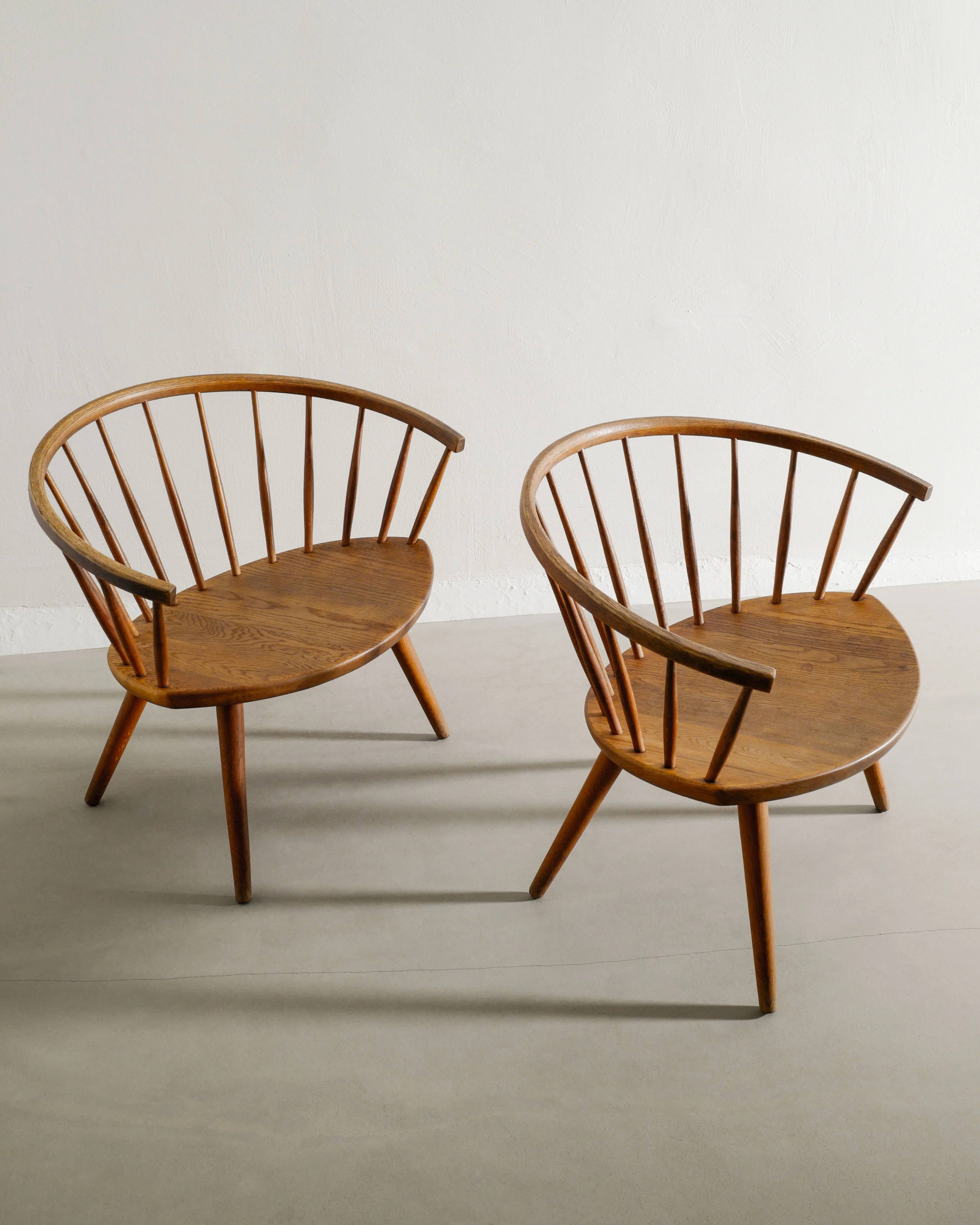 Vintage Swedish Sculptural Mid Century Oak Armchairs Yngve Ekström, 1950s