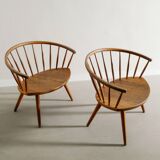 Vintage Swedish Sculptural Mid Century Oak Armchairs Yngve Ekström, 1950s