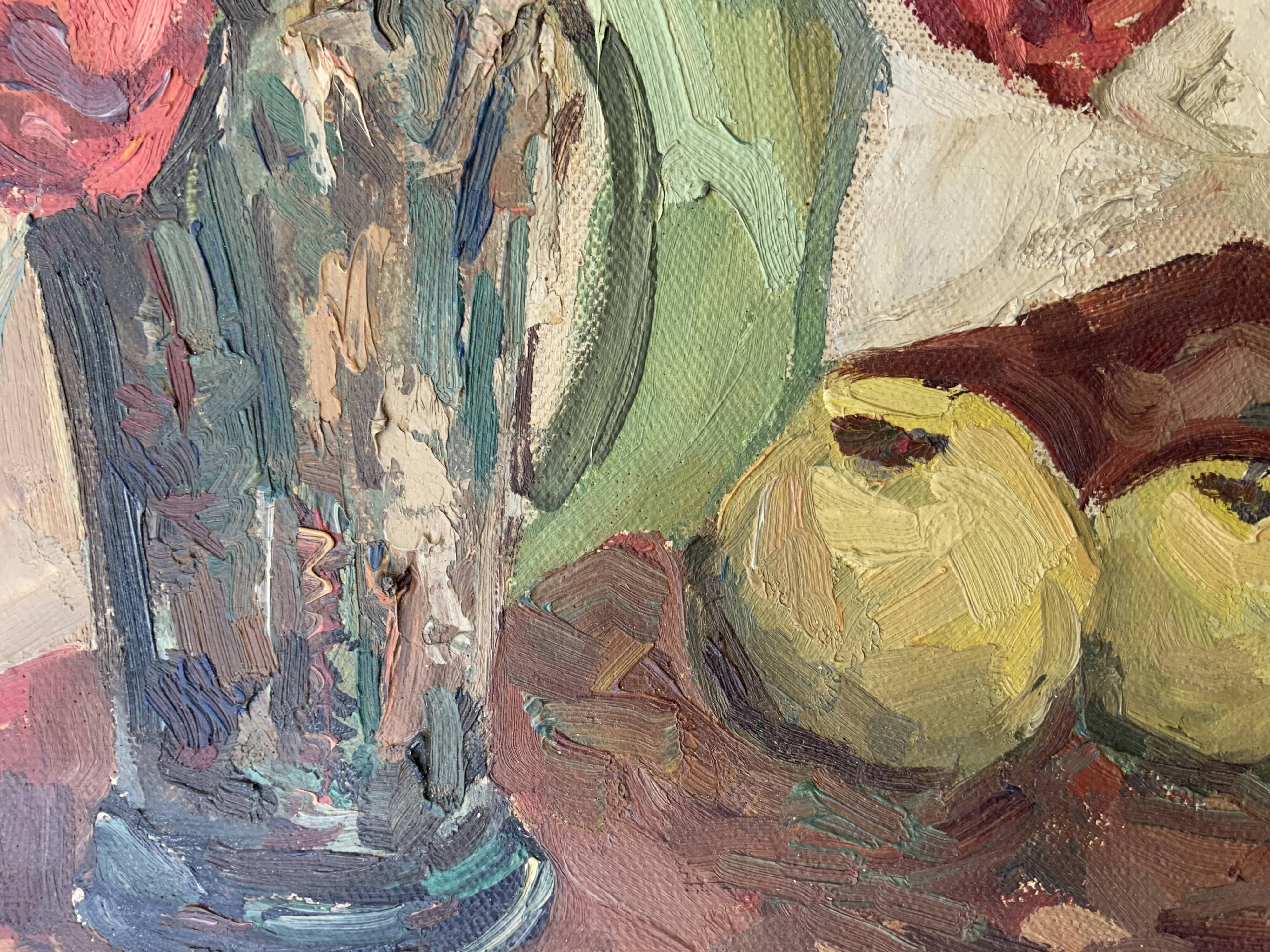 Vintage Still life with Tulips and apple, Oil Painting signed by M. Jonsson
