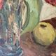 Vintage Still life with Tulips and apple, Oil Painting signed by M. Jonsson