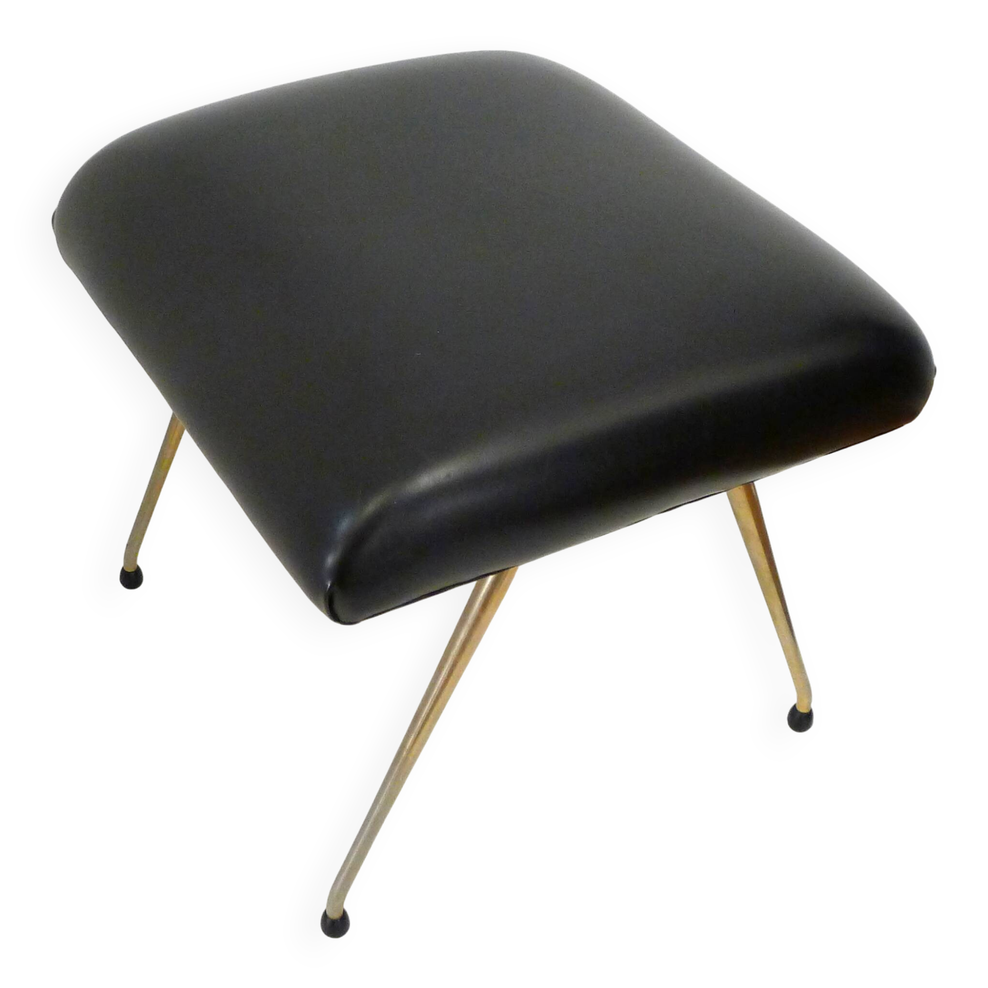 Footrest / stool 1960s with tapered gold legs & faux leather seat