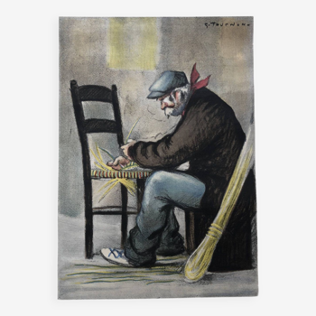 Lithograph 1950 chair repailer, by tournon, ed. laboratoire médecine beauvais rempailleur