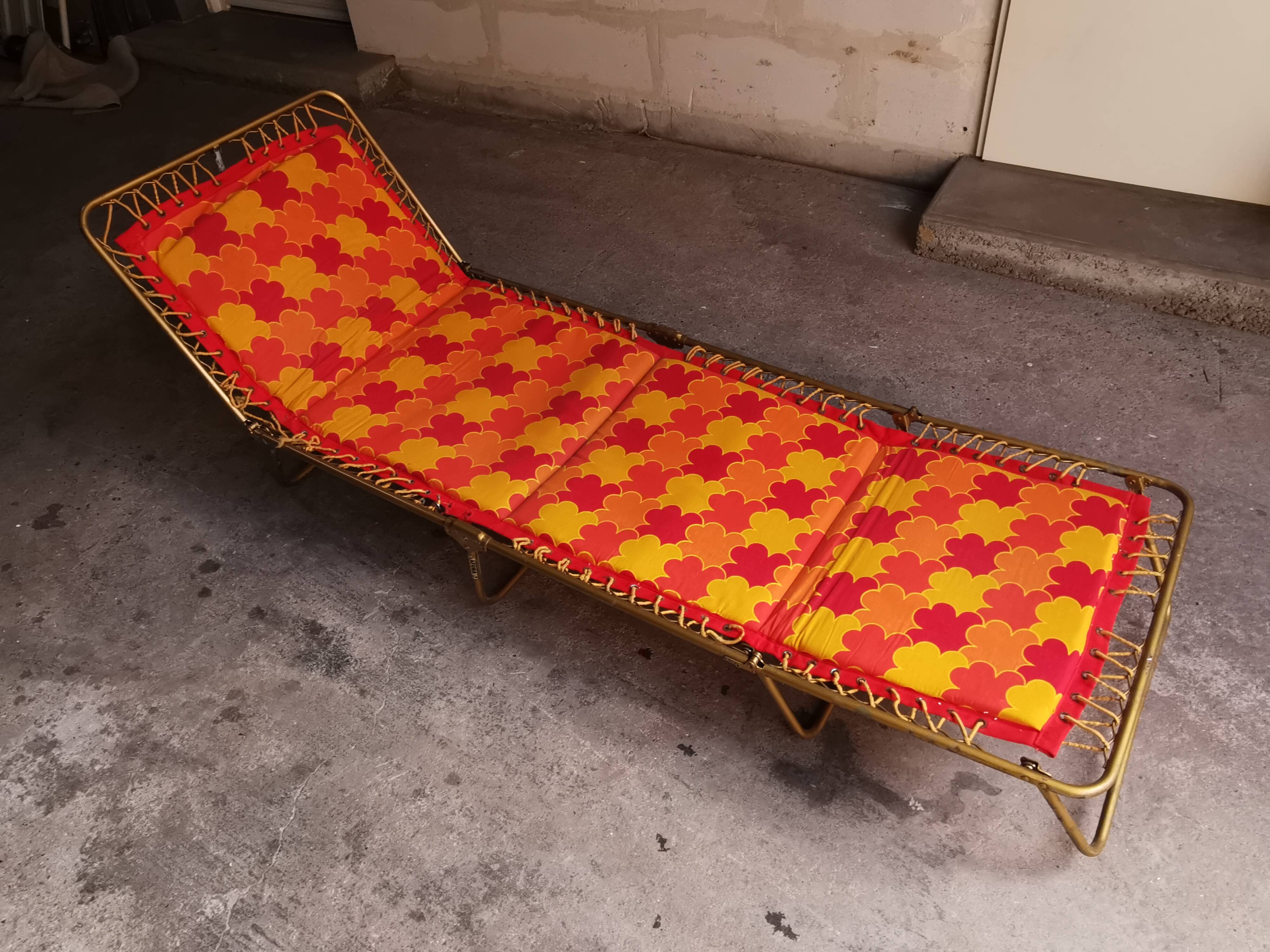Orange sun lounger, deckchair, vintage 70's lafuma camping lounge chair
