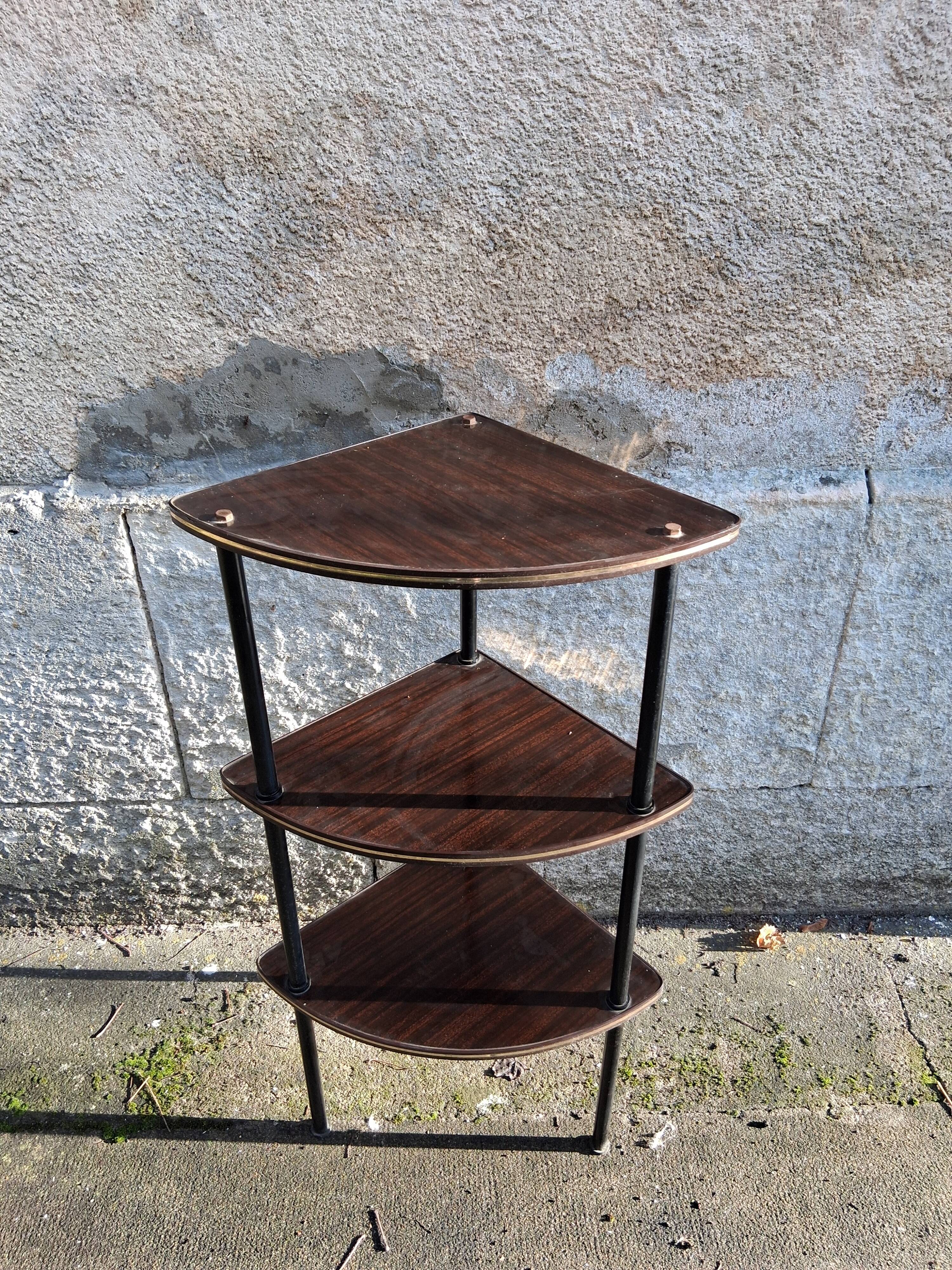 Corner unit with 3 shelves in brown Formica and black metal frame