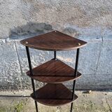 Corner unit with 3 shelves in brown Formica and black metal frame