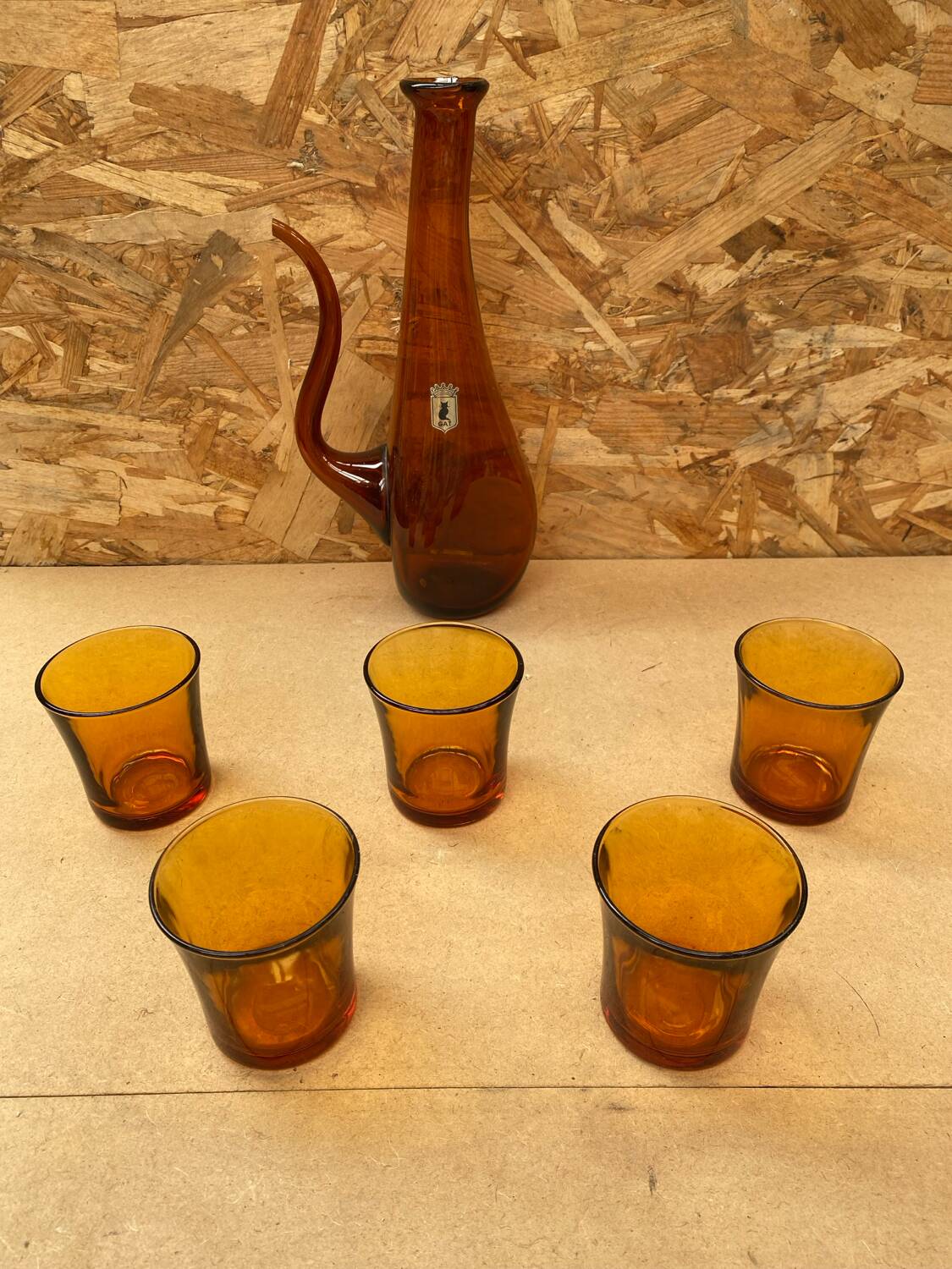 Old gat carafe service + 5 glasses molded orange glass 1970 vintage