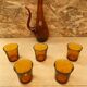 Ancien service gat carafe + 5 verres verre moulé orange 1970 vintage