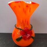 Vase verre multicouche orange col corolle vintage