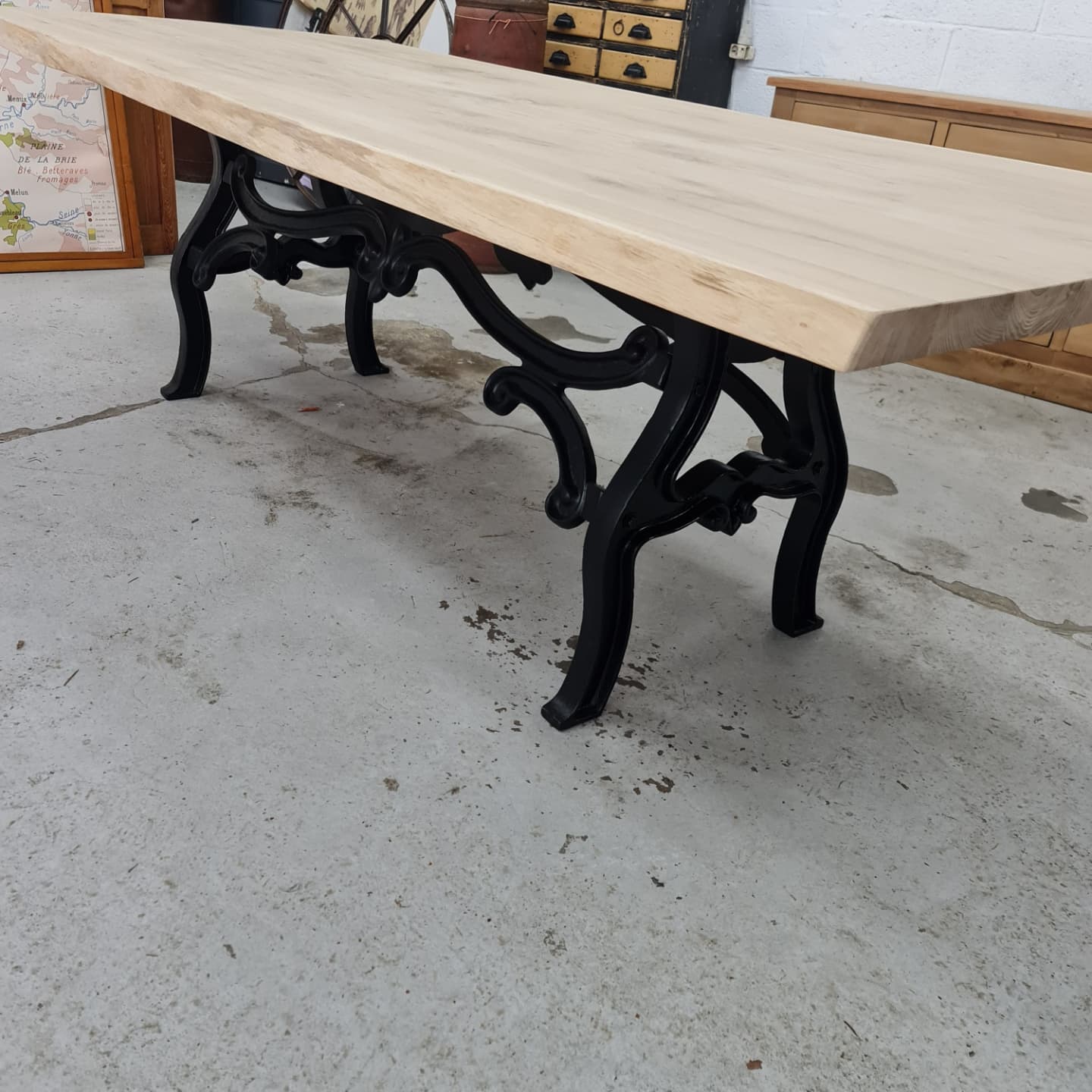 Large industrial table cast iron foot and top solid oak raw
