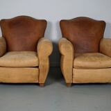 Pair of French Cognac Moustache Back Leather Club Chairs, 1940s
