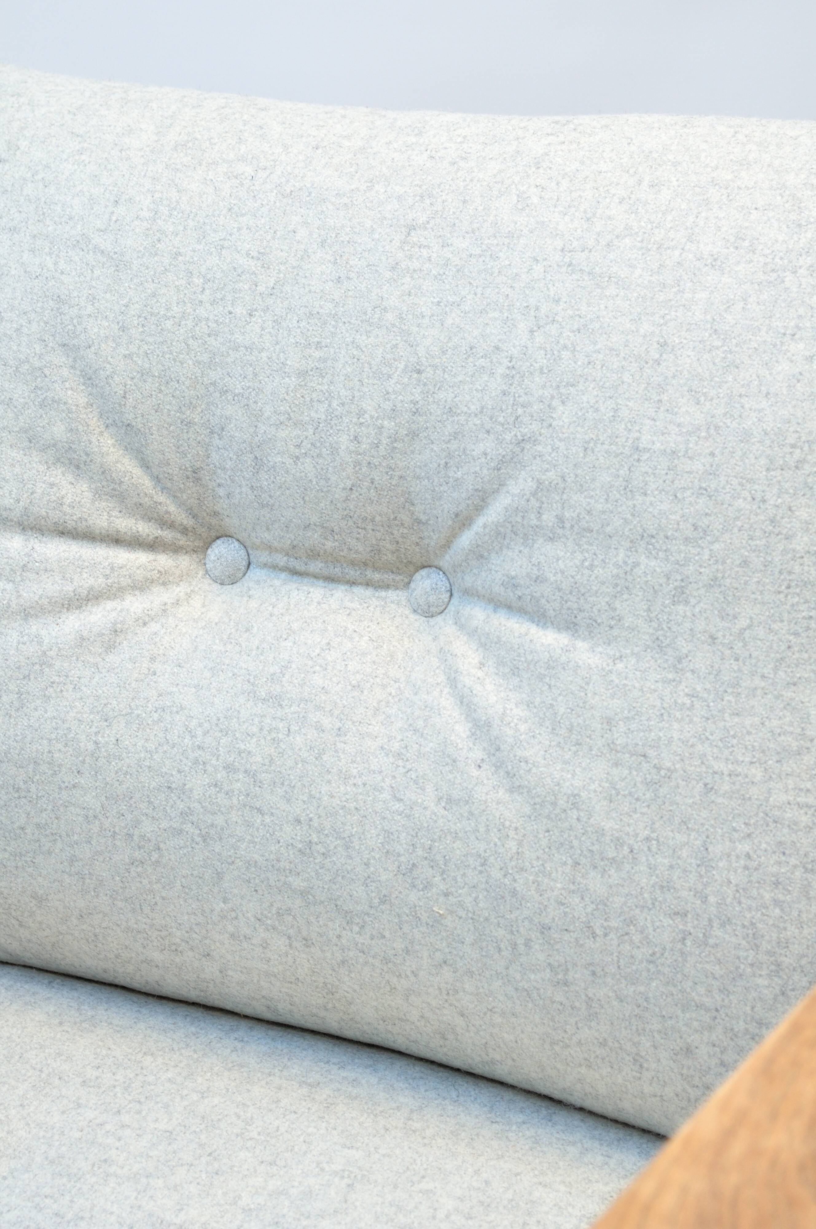 Solid oak seating ensemble rebuilt in 100% virgin wool — two sofas and loun