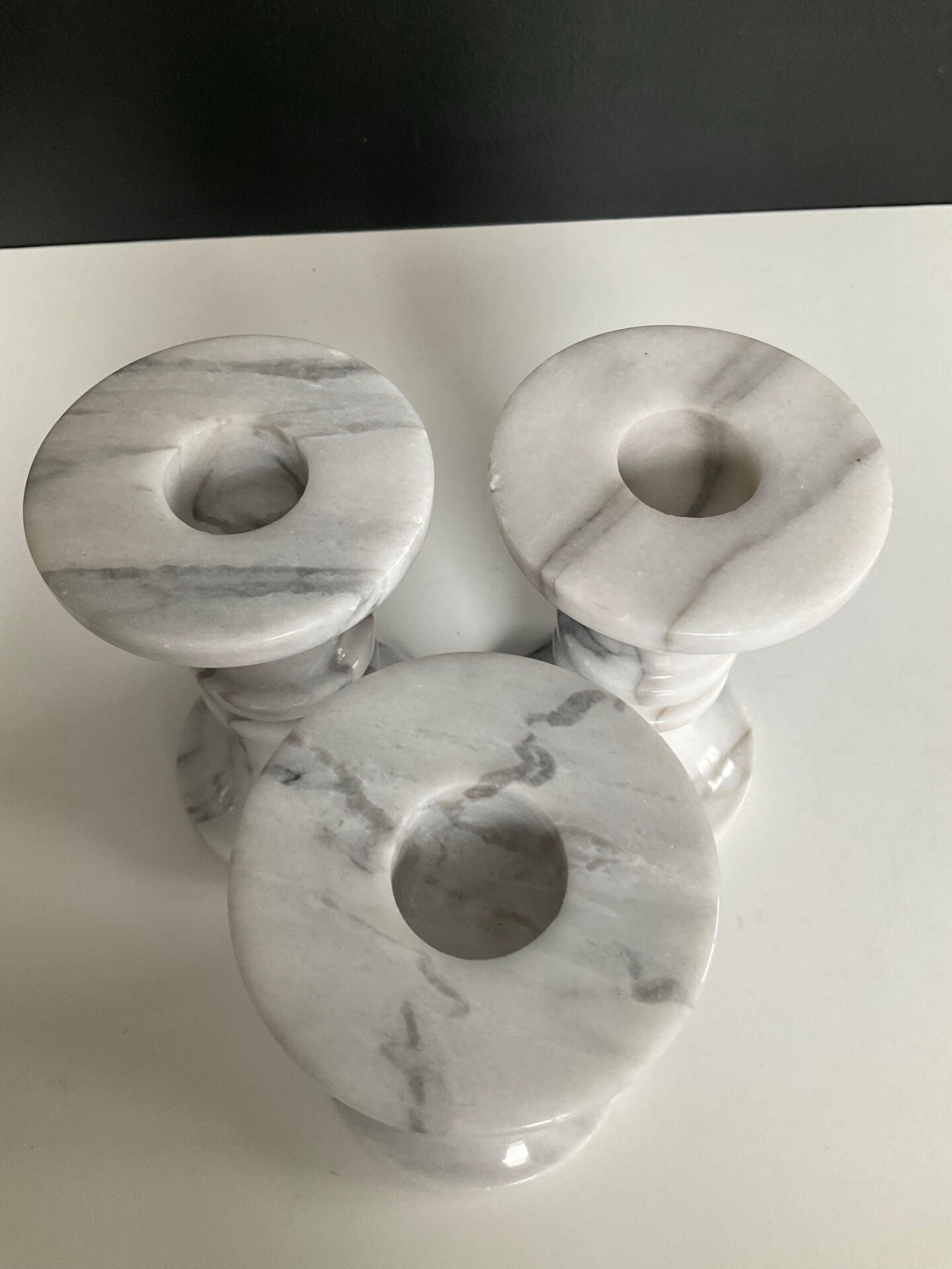 Set of 3 vintage Carrara marble candle holders