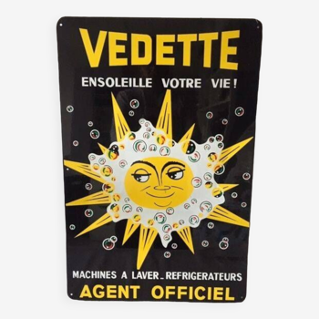 Old large enameled metal advertising sign vedette