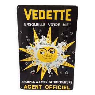 Old large enameled metal advertising sign vedette