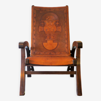 Angel I Pazmino for Muebles de Estilo teak and tooled leather folding chair, 1970