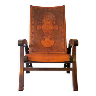 Angel I Pazmino for Muebles de Estilo teak and tooled leather folding chair, 1970