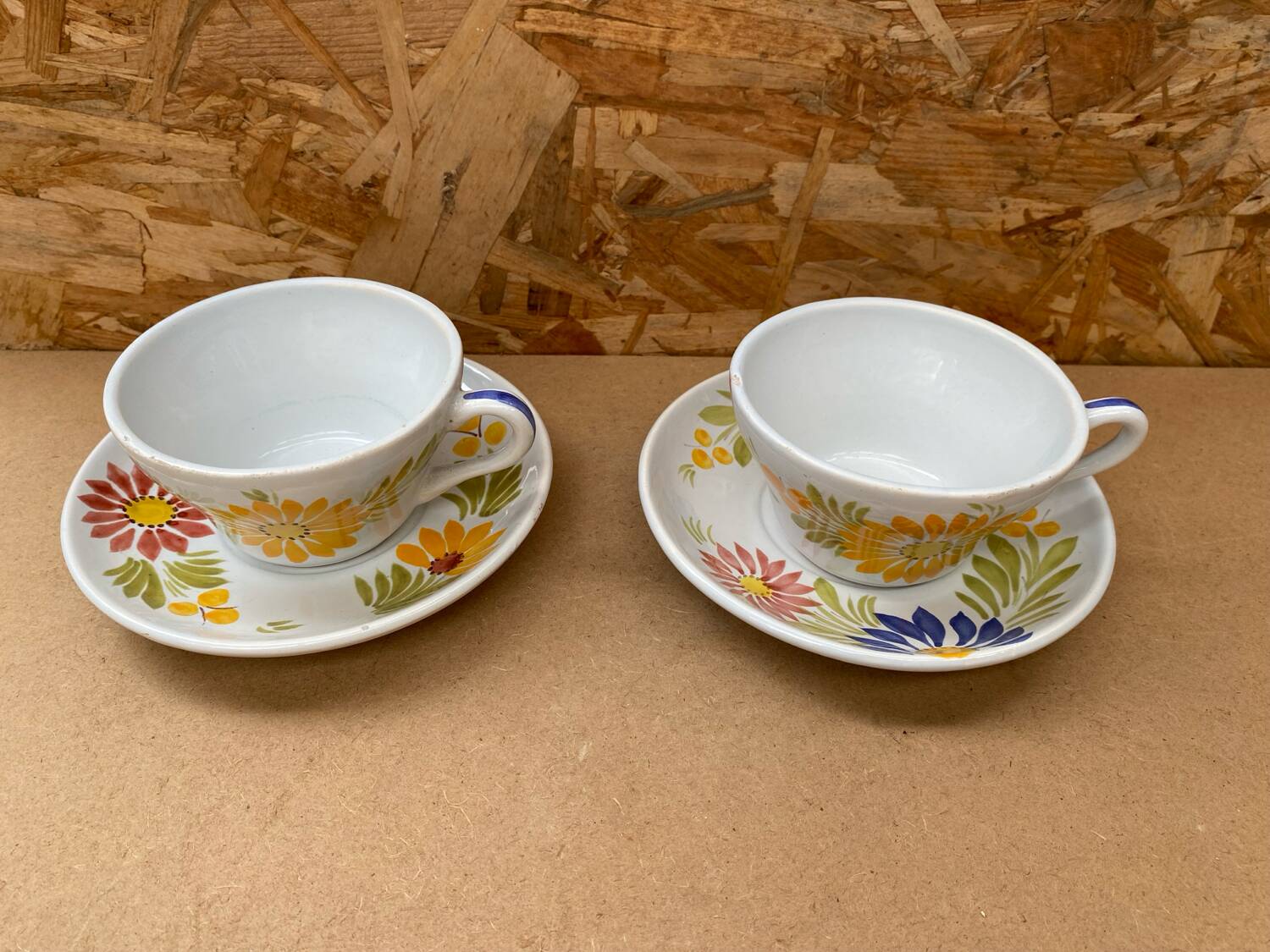 Pair of antique quimper hb ceramic cups vintage flower decor #b284