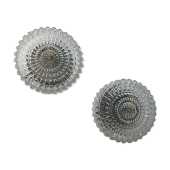 Pair of old round wall lamps in vintage molded glass