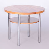 Restored Bauhaus Walnut, Round Table, Mücke - Melder, Chrome, Czechia, 1930s
