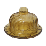 Cloche et plat en verre jaune fumé