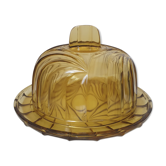 Cloche et plat en verre jaune fumé