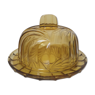 Cloche et plat en verre jaune fumé