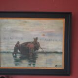 Old signed painting depicting fishermen