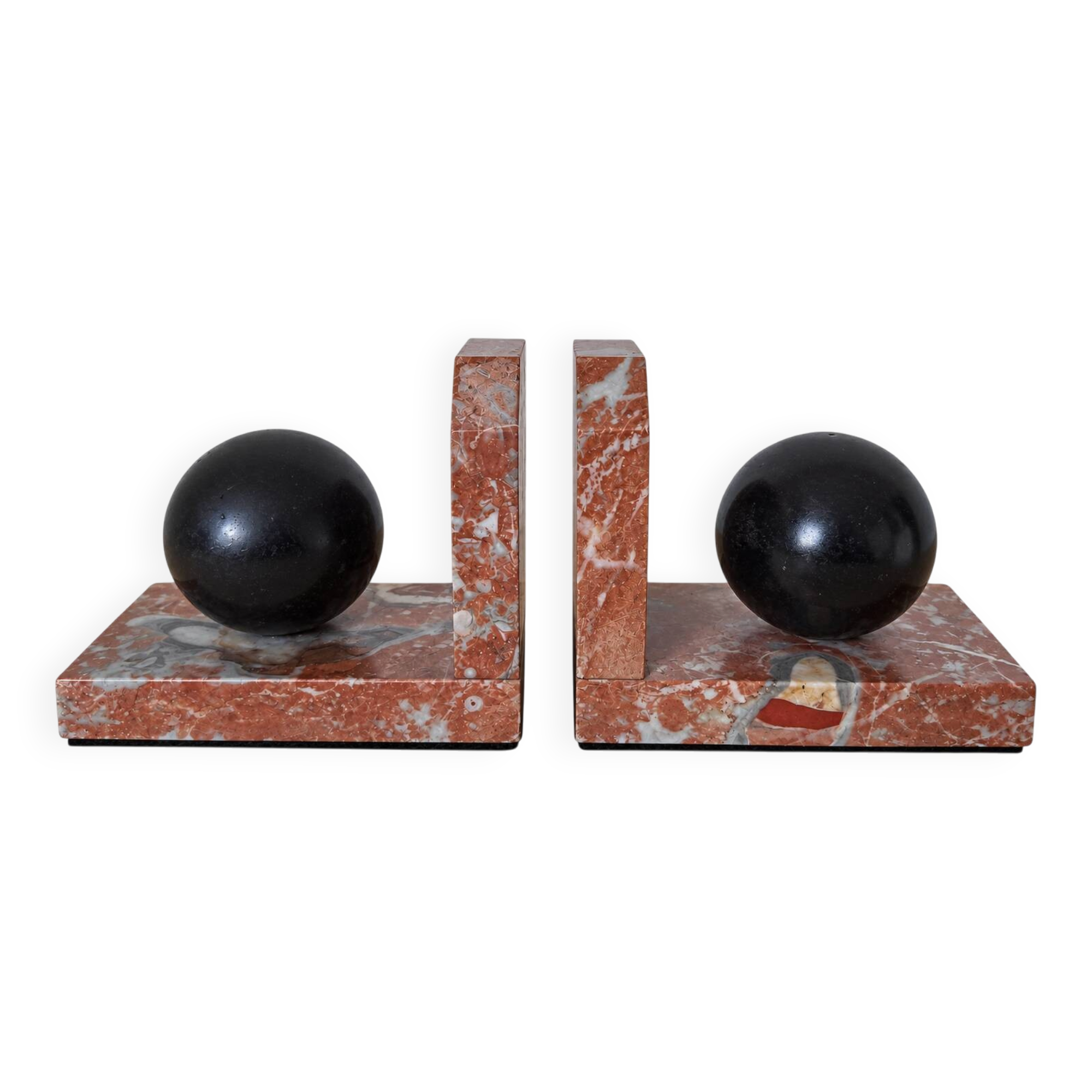Pair of red marble bookends with black stone spheres – Art Style