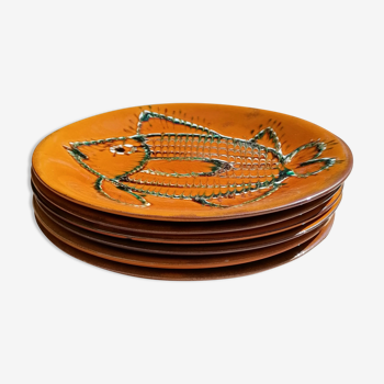 6 flat plates enamelled fish decoration