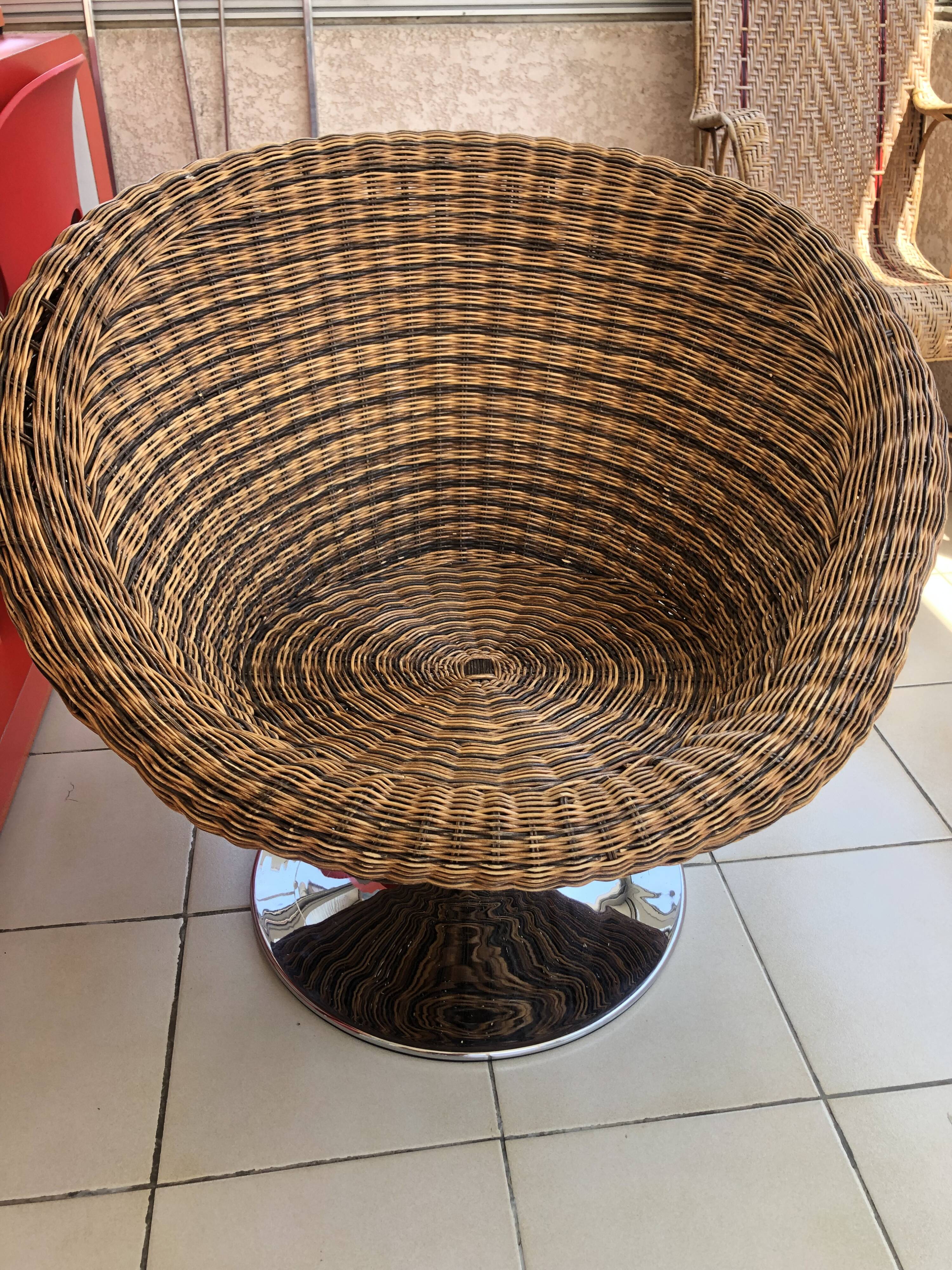 Vintage rattan half-sphere swivel ball chair