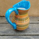 Striped ceramic pitcher, blue handle, Spanish craftsmanship, Ivanros