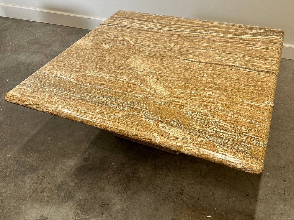 XL vintage square caramel travertine coffee table, 1980s