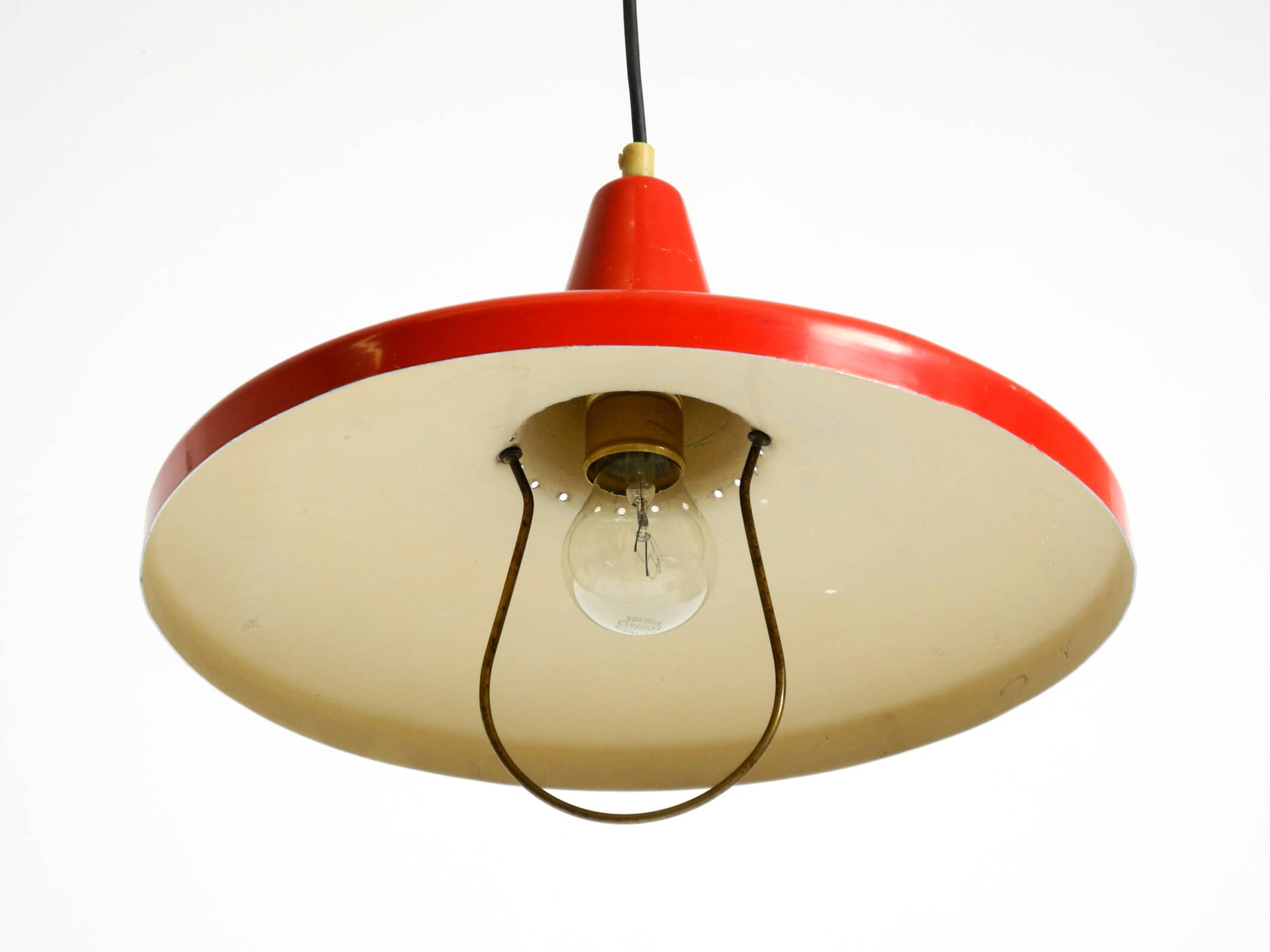 Mid-Century Modern red aluminum pendant lamp, height adjustable, Italy
