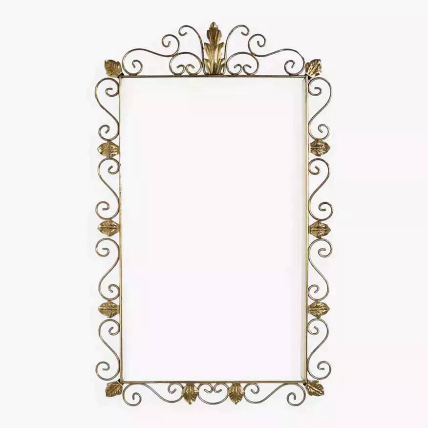 Rectangular mirror from the 1950s with a brass frame.