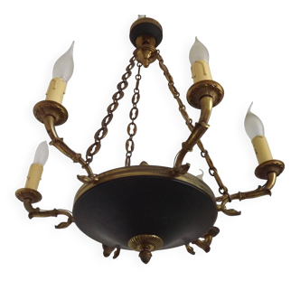 Antique French Bronze & Green Sheet Metal Empire-Style 6-Light Chandelier