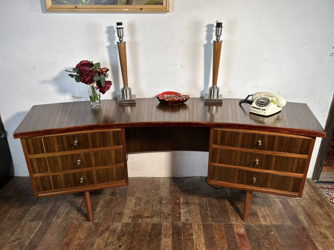 Mid Century Retro Vintage Walnut executive Desk by Morris of Glasgow curved