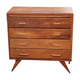Chest of drawers of the 50s in golden oak compass feet 4 drawers