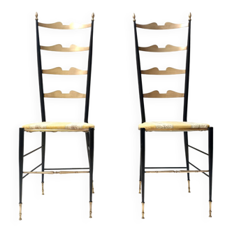 Paire de chaises Chiavarine vintage en laiton et métal avec tissu jaune, Italie