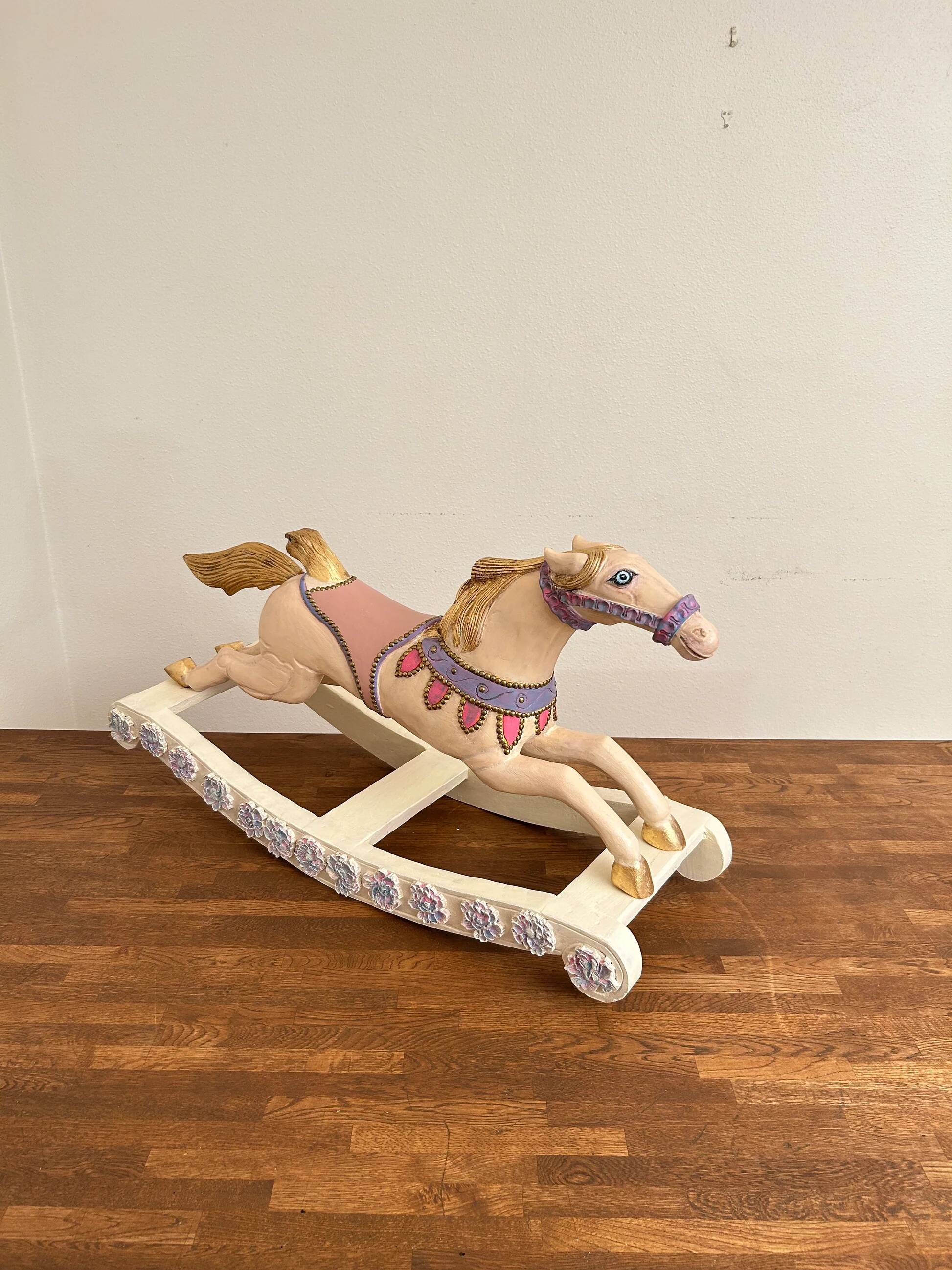 Hand-painted antique rocking horse – pastel nursery decor, heirloom toy