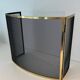 Curved Three-Panel Fire Screen in Polished Brass and Black Grille, in Style of